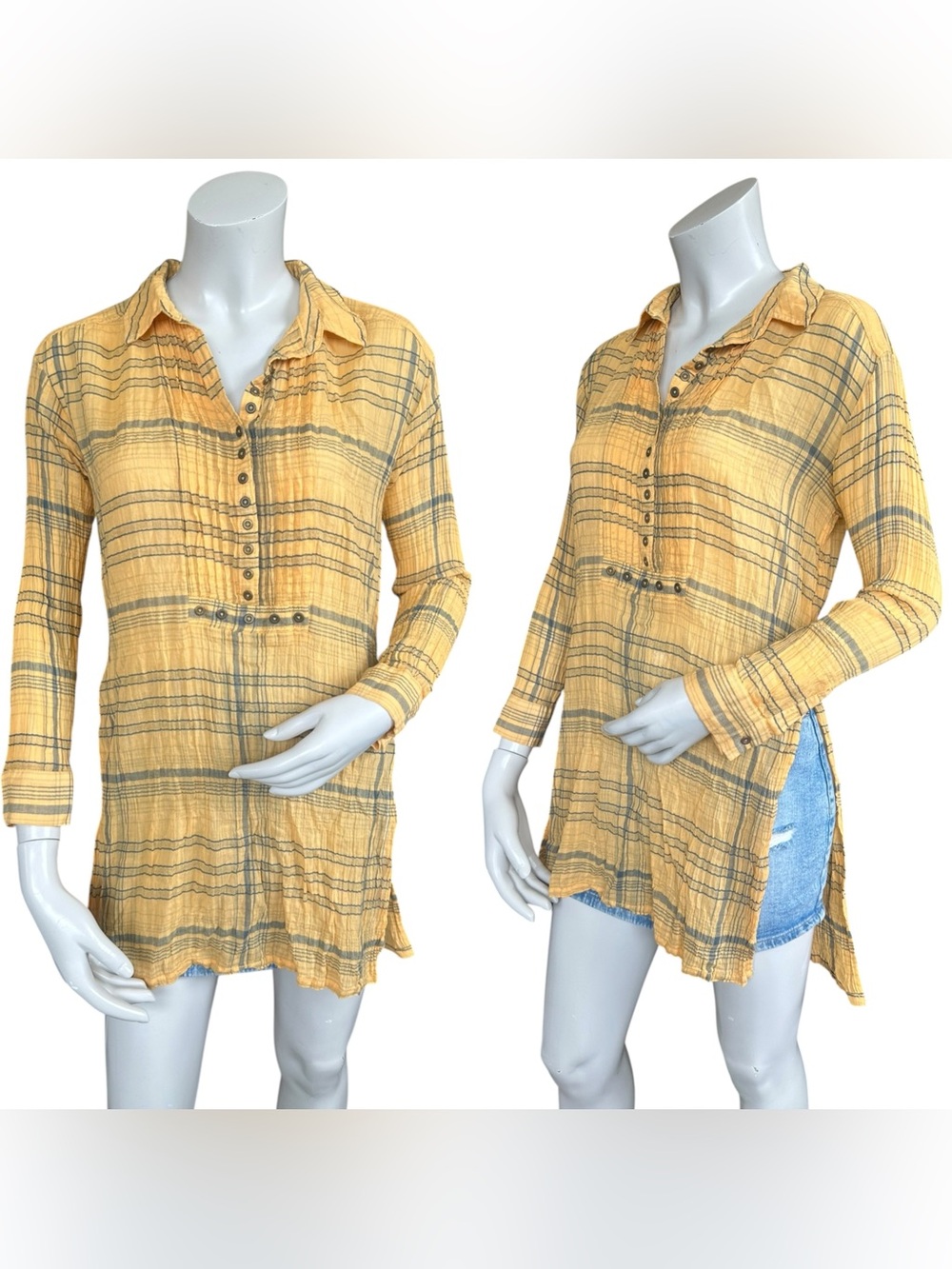 Anthropologie Pilcro Yellow & Blue Plaid Side Slit Muslin Cotton Tunic Blouse S